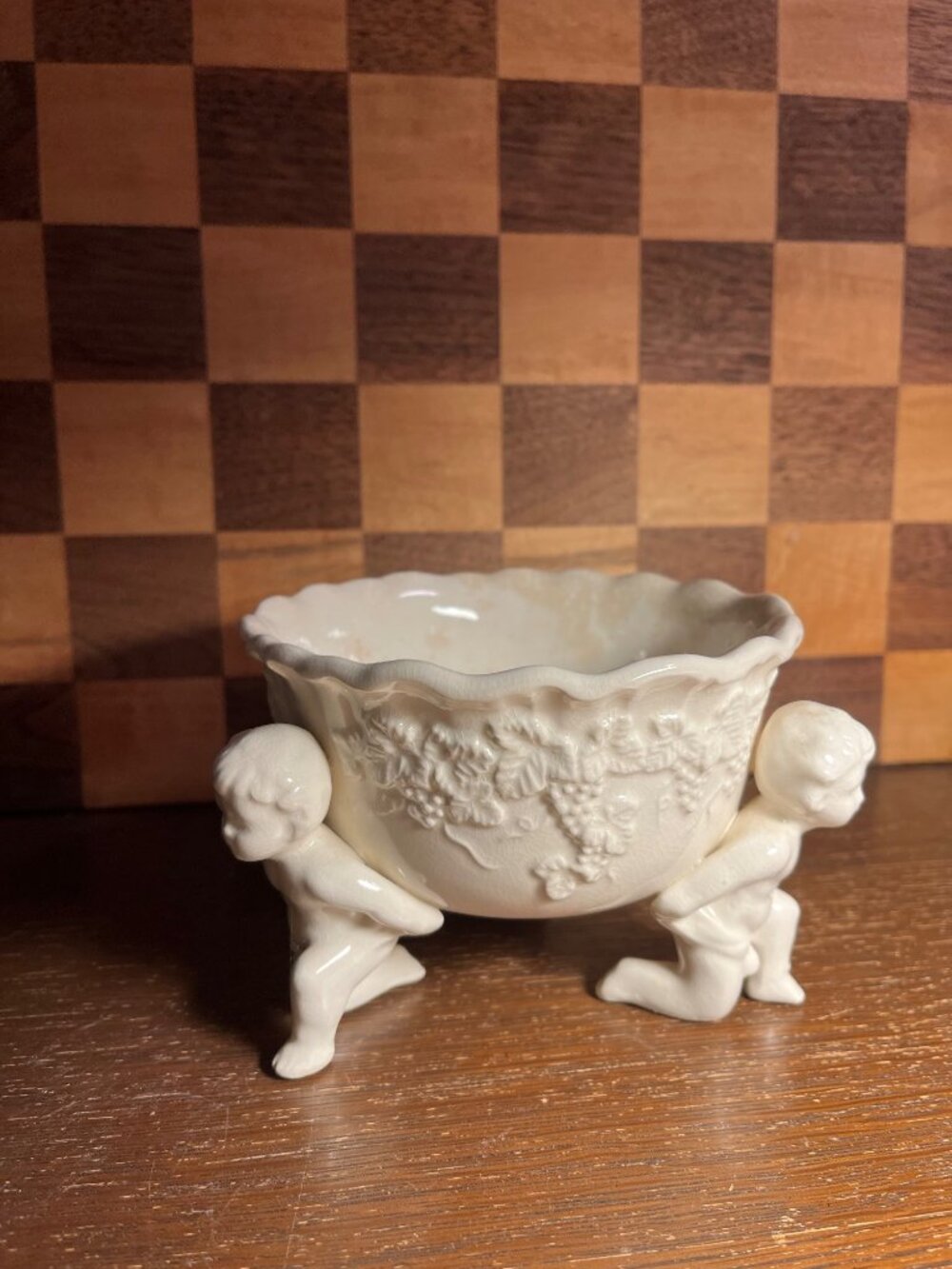 Lefton Three Footed Cherub Pedestal Planter Bowl A1163, Shows Wear